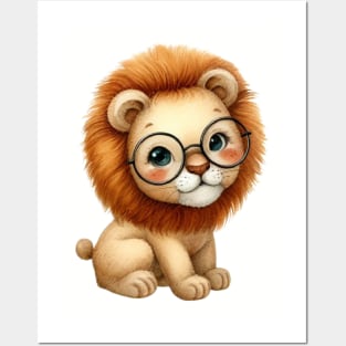 Funny cute lion in glasses watercolor paint Posters and Art